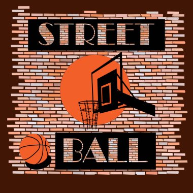 Basketbol tahtasının üzerinde eski bir duvara yazılmış bir top ve sokak topu yazısı var.