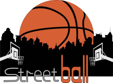 Şehrin arka planında bir yazı ve basketbol topu şeklinde sokak basketbolu vektör illüstrasyonu