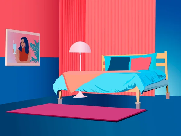 Vektor Bild Eines Schlafzimmers Mit Bett Lampenschirm Und Wandgemälde Rosa — Stockvektor