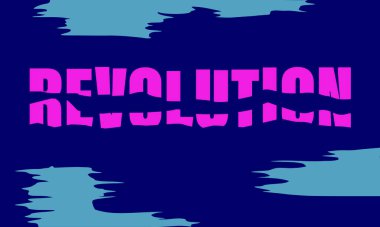 Giysilerdeki, posterlerdeki, duvarlardaki ve çıkartmalardaki baskılar için mor ve mavi tonlarda devrim sözcüğünün biçimlendirilmiş görüntüsüyle vektör ilülasyonu