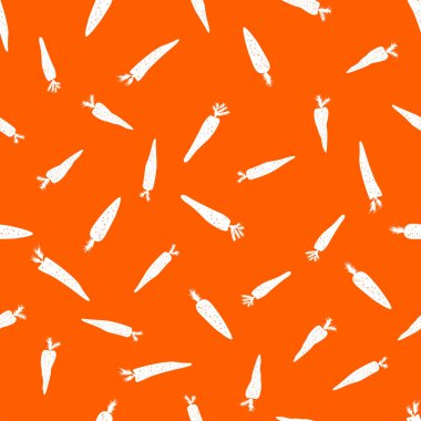 Parlak turuncu arkaplanda beyaz havuç resmi olan kusursuz desenler kumaş, ambalaj, pijama, tişört ve çocuk odalarının iç dekorasyonları için.