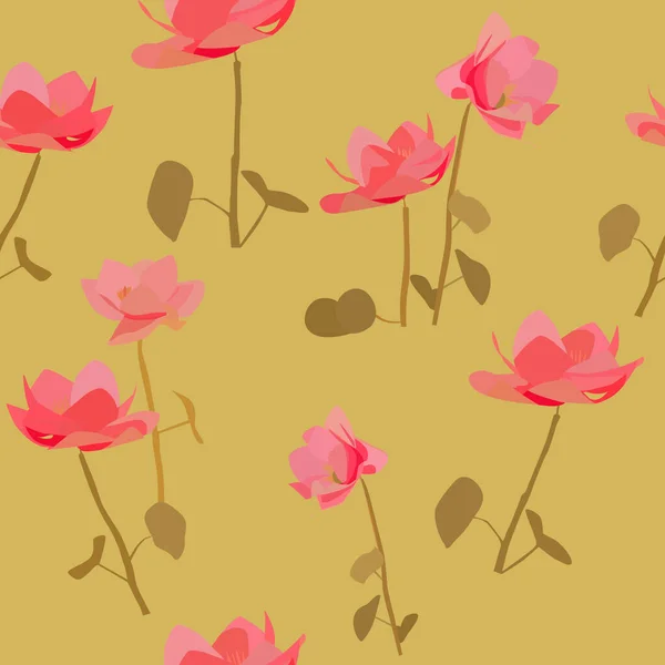 Nahtloses Muster Mit Dem Bild Rosa Blumen Auf Gelbem Hintergrund — Stockvektor