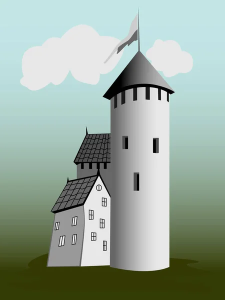 Stara Wieża Przyległe Stare Domy Rysunek Ilustracji Książek Czasopism Pocztówek — Wektor stockowy