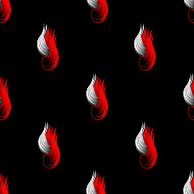 Siyah bir zemin üzerinde kırmızı ve beyaz gölgeli dillerin görüntüsüne sahip kusursuz soyut arkaplan kumaş, ambalaj, duvar kağıdı ve ayrıca iç dekorasyon için