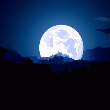 Mavi gece renklerinde bir illüstrasyon ufukta Ay 'ı ve arka planında resim duvar kağıtlarına, kartpostallara, posterlere ve iç dekorasyona baskı yapmak için kullanılan bir kalenin siluetini tasvir ediyor.