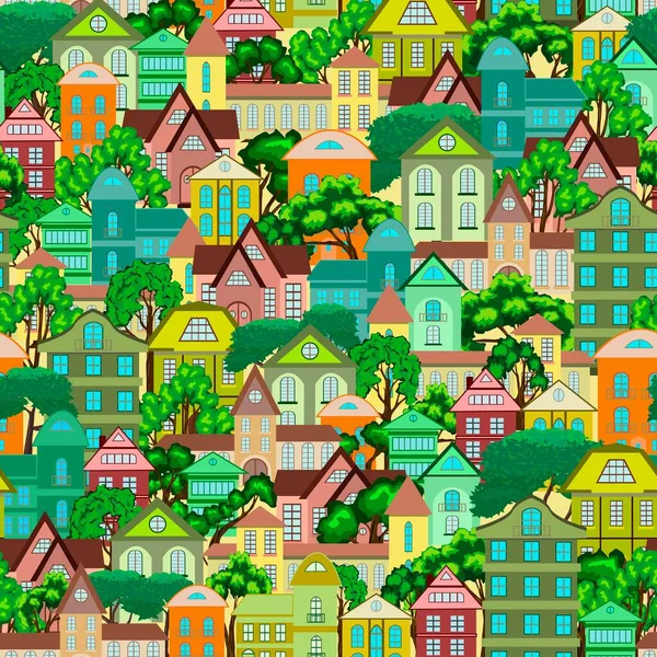 seamless pattern in the form of a city with the image of houses and trees