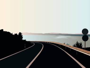 Bir dönemeç etrafında gizlenen bir yolu resmeden çizimler, bir gölün arka planına ve uzaktaki dağlara karşı, iç dekorasyon ve diğer illüstrasyonlarda kullanılmak üzere