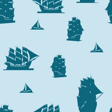 Kumaş, giysi, ambalaj, seramik üzerindeki desenler, fayanslar ve oda dekorasyonu için mavi tonda eski yelkenli gemilerin siluetlerinden oluşan kusursuz desen.