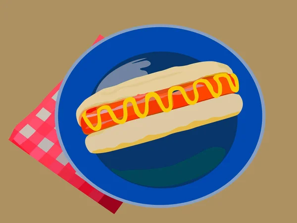 在蓝色盘子和餐巾纸上描绘热狗的病媒图解 用于快餐店的广告和室内设计 — 图库矢量图片