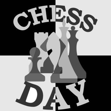 Satranç taşlarını tasvir eden vektör illüstrasyonu ve pankartlar, giysiler, posterler üzerindeki baskılar için satranç günü ve ayrıca binaların ve satranç kulüplerinin dekorasyonu için kullanılan yazı.