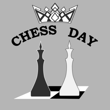 Kralların satranç taşlarının stilize edilmiş bir görüntüsü ve posterlerdeki, kartpostallardaki, reklam broşürlerindeki, kıyafetlerdeki baskılar için satranç gününün yanı sıra oyun odaları ve satranç kulüplerinin tasarımı için kullanılan yazı.