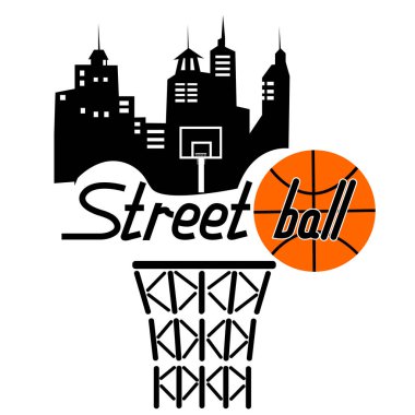 Şehrin arka planında bir yazı ve basketbol topu şeklinde sokak basketbolu vektör illüstrasyonu
