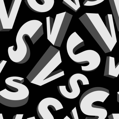 Kumaş, giysi, ambalaj, seramik ve iç dekorasyon üzerindeki baskılar için V ve S hacimsel sembollerinin resmine sahip siyah ve beyaz gölgelerde kusursuz bir arkaplan