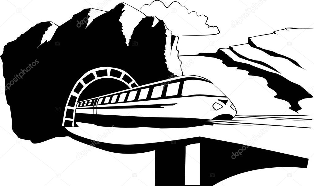 Black and white image of a train coming out of a tunnel and going over the bridge for prints on clothes , posters and decorating the premises of transport and travel companies