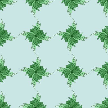 Kumaş, kıyafet, ambalaj, seramik üzerindeki baskılar için yeşil pastel renkte bir yaprak süsü biçiminde kusursuz desenler, dekorasyon odaları, kapaklar, kartpostallar, yumuşak renklerde çerçeveler