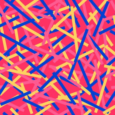 Kumaş, kıyafet, ambalaj ve iç dekorasyon, kapaklar, kartpostallar, parlak festival tarzında çerçeveler için rastgele düzenlenmiş kırmızı, sarı ve mavi çizgilerin kusursuz soyut deseni