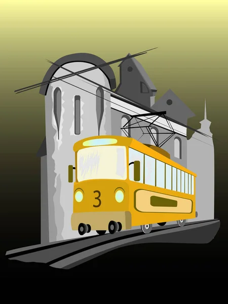 Illustration Vectorielle Représentant Vieux Tramway Jaune Sur Fond Vieille Ville — Image vectorielle