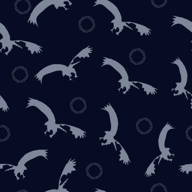 Kumaşlar, ambalajlar, giysiler, iç dekorasyon ve kartlar, çerçeveler, kapaklar ve diğer yüzeyler için arka plan ve diğer baskılar için koyu mavi tonda kuş siluetleri imajı ile kusursuz desen