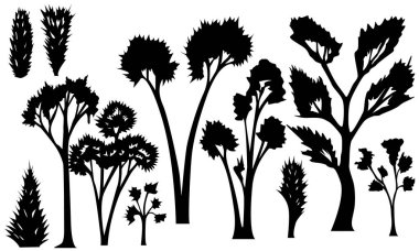 Kapaklar, kartlar, kıyafetler ve diğer çizimler için karikatür tarzındaki ağaçların siyah ve beyaz resimleri.