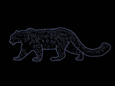 Siyah arka planda stilize edilmiş kar leoparı temsili. Vahşi yaşamın gücünü ve zarafetini simgeleyen baskılar için..