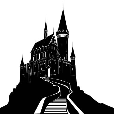 Kapılara giden yolu olan dağlarda eski bir şato. Beyaz arka planda siyah bir siluetin vektör çizimi. Tasarımların için eski bir mimari tarzla.
