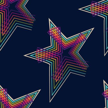Koyu mavi arka planda çok renkli çizgili yıldızların olduğu kusursuz bir desen. Tatil ve kutlama temalı tasarımlarınız için soyut vektör çizimi.