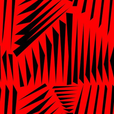 Kusursuz soyut bir geometrik model. Kırmızı arka planda, sektörlerde sıralanmış siyah, şekilli çizgiler. Soyut geometrik desenler oluşturmak için mükemmel yüzeylerde ve pürüzsüz arka planlarda.