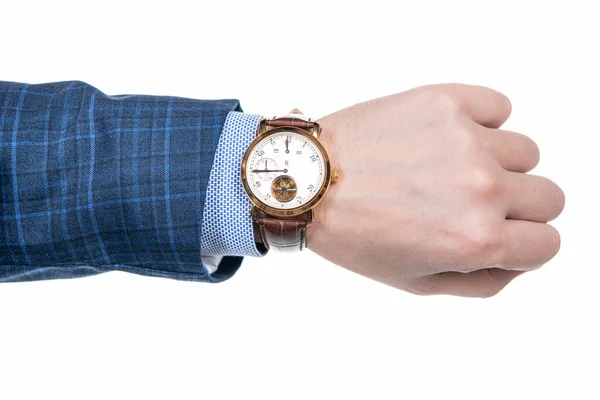 Analoge Armbanduhr Die Männlicher Hand Business Anzug Getragen Wird Isoliert — Stockfoto