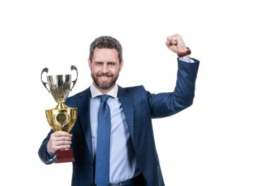 Mutlu CEO 'lar şampiyonluk kupası. İş zaferini kutluyorlar. Beyaz ve şampiyon izole edilmiş..