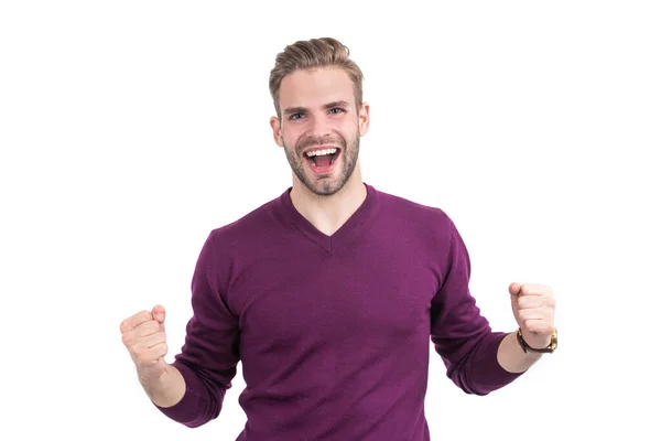 Celebrando Éxito Hombre Feliz Hace Gesto Del Ganador Aislado Blanco —  Fotos de Stock