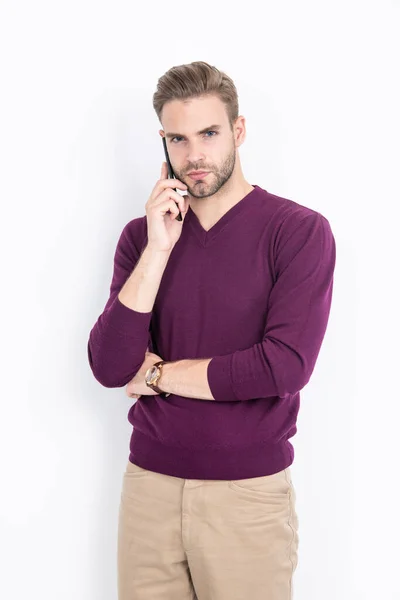 Modern Guy Casual Fashion Style Talk Mobile Phone Isolated White —  Fotos de Stock