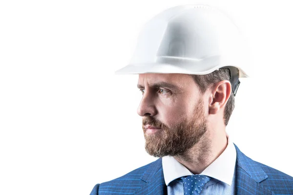 Immer Hingebungsvoll Bauarbeiter Isoliert Auf Weiß Servicekräfte Tragen Schutzhelm Sanierungsarbeiten — Stockfoto