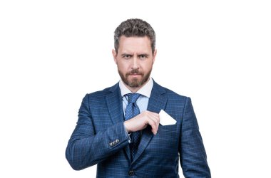 Kıdemli yönetici resmi ceketin cebinden kimlik kartını çıkardı. Beyaz, kimlik kartı, kopyalama alanı..