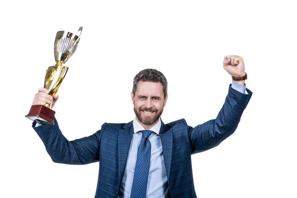 Exitoso Líder Empresarial Celebra Éxito Sosteniendo Gesto Mano Ganadora Copa —  Fotos de Stock