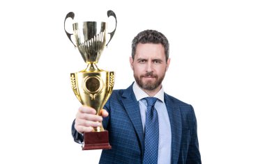 Ödülünü aldın. Yönetmen ödülü beyaza izole edildi. İş başarısı. Başarının takdir edilmesi. Sadece ödül. Kazanan kupa. Kazananı ödüllendirmek.