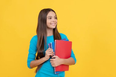 Lisede. Okula dönüyorum. Genç kız ders çalışmaya hazır. çocukluk mutluluğu. Mutlu çocuk not defteriyle ödev yapacak. Gülümseyen genç öğrenci. Eğitim kavramı. Kitapları olan kız öğrenci..