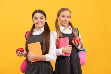 Sağlıklı beslenmeyle ilgili bilgileri genişletiyorum. Mutlu çocuklar kitap ve elma tutarlar. Okulda besleyici bir diyet. Sağlıklı beslenme alışkanlıkları. Sağlık eğitimi. Güzel yemek..