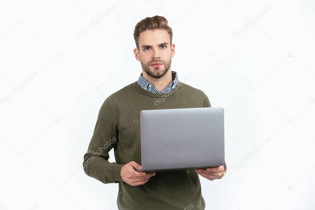 network administrator hold computer. office manager isolated on white. concept of agile business. unshaven man working online. modern wireless laptop. programmer use pc. handsome man with laptop.