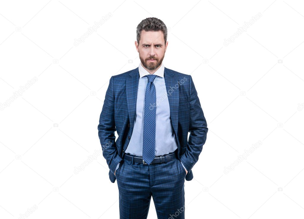 A style for every story. Stylish lawyer in blue suit isolated on white. Wearing formal style. Business dress code. Formalwear. Professional wear. Fashion menswear. Work capsule wardrobe.