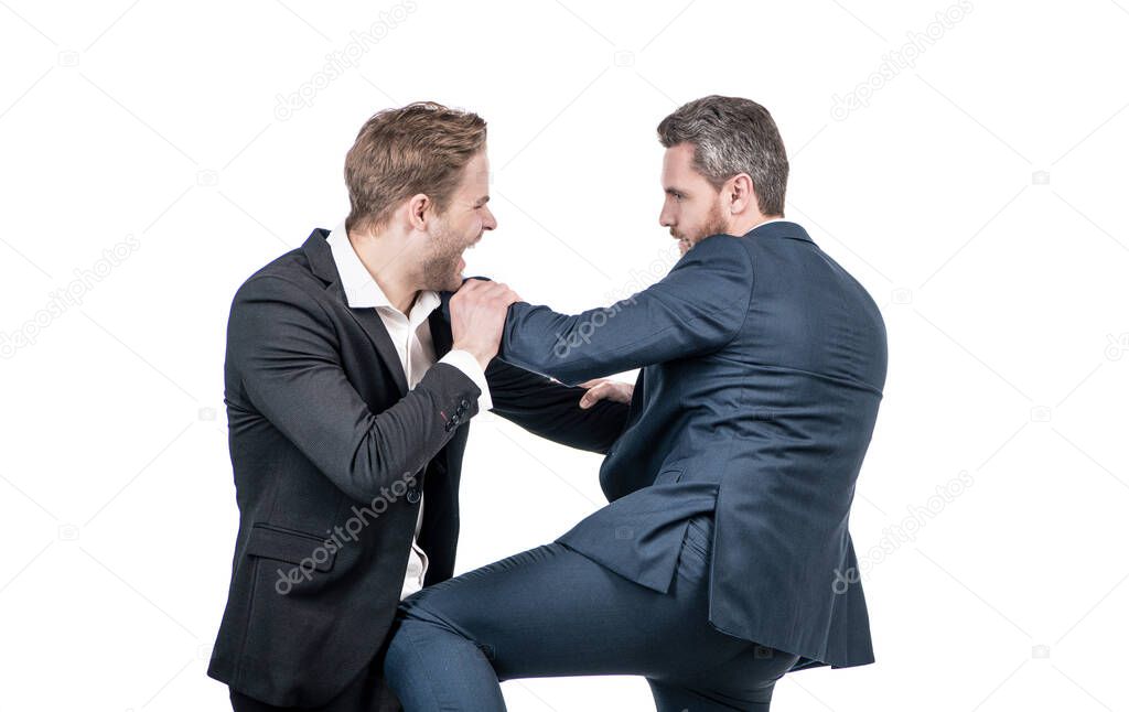 two angry businessmen fighting and arguing having struggle for leadership on businessmeeting have business competition, business conflict.