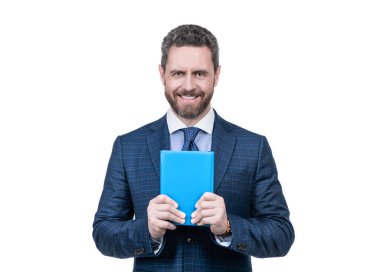 İş adamı gibi giyinmiş mutlu bir işadamı planlamacı beyazları izole edip, plan yapıyor..