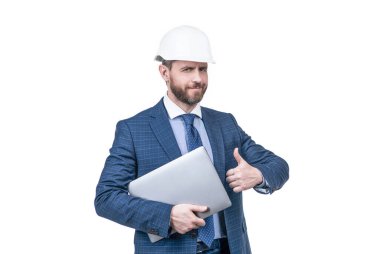 Güvenlik işi. Veri koruması. İnternet güvenliği. Dizüstü bilgisayarlı iş adamı. Mimar planlama işi. Hardhat 'ın baş mühendisi bilgisayar kullanıyor. Bilgisayarlı CEO. Patron, göster kendini..