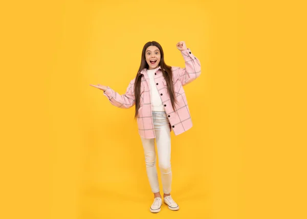 Niña Feliz Desgaste Rosa Camisa Cuadros Que Presenta Producto Espacio —  Fotos de Stock