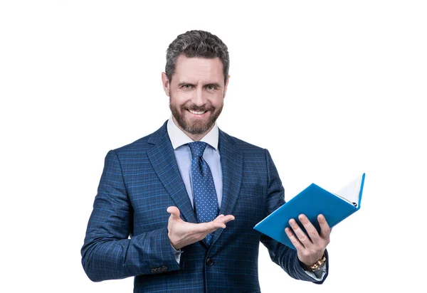 Presenting Product Boss Examine Business Report Isolated White Mature Man — Stock Photo, Image