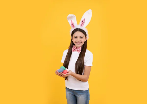 Happy Easter Child Girl Bunny Ears Bow Tie Hold Painted — Stock Photo, Image