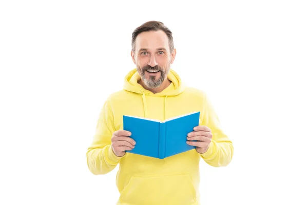 Bonito Maduro Homem Com Barba Capuz Segurar Livro Notebook Para — Fotografia de Stock