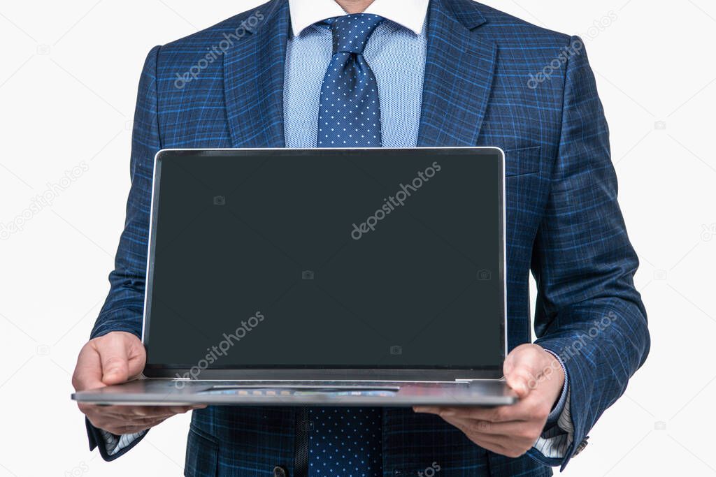 ceo showing presentation. man boss show empty screen, copy space. online presentation. concept of advertisement. cropped businessman with laptop. presenting product. offering to use computer.