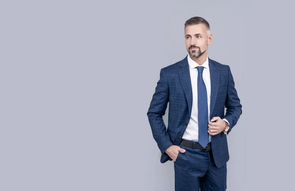 Takım elbiseli başarılı bir adam. kopyalama alanı. Erkek resmi moda. Profesyonel traşsız CEO. Olgun patron. Kendine güvenen iş adamı Formalite içinde olgun bir iş adamı. iş başarısı.