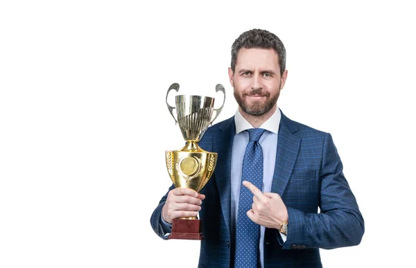 Mature Businessman Suit Pointing Finger Golden Cup Business Success Successful — Stock Photo, Image