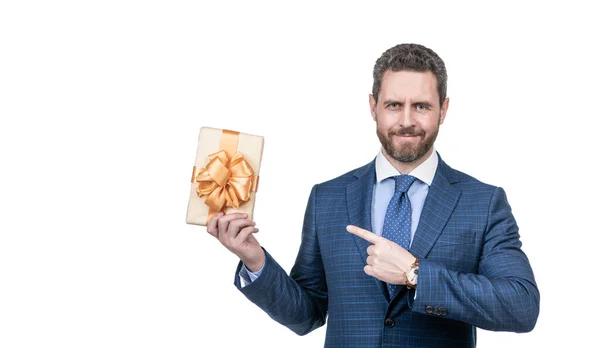 Smiling Man Business Reward Occasion Greeting Businessman Showing Gift Box — Stock Photo, Image